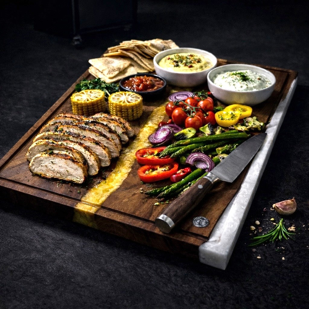 Premium Schneidebrett Nussbaum- Champgnergold und weiss