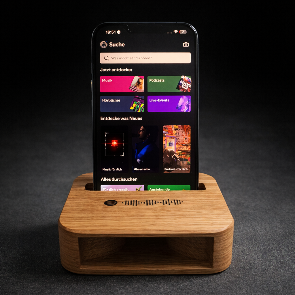 Handy-Lautsprecher aus massiver Eiche mit Spotify-Code