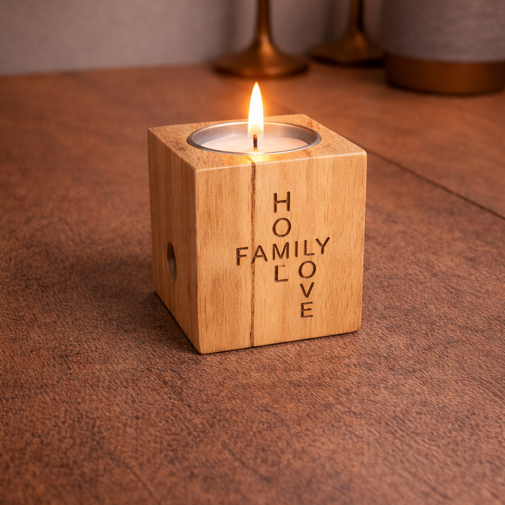 Kerze aus Olivenholz – Home, Family, Love