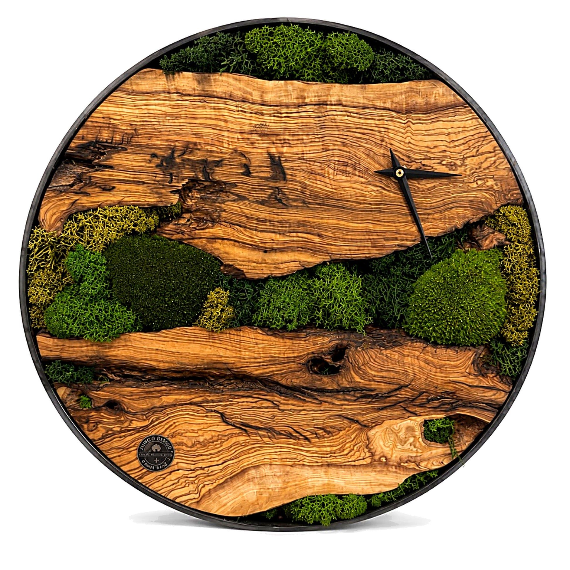 Luxus Wanduhr aus Olivenholz mit isländischem Moos und 30 mm Stahlring – Frontansicht