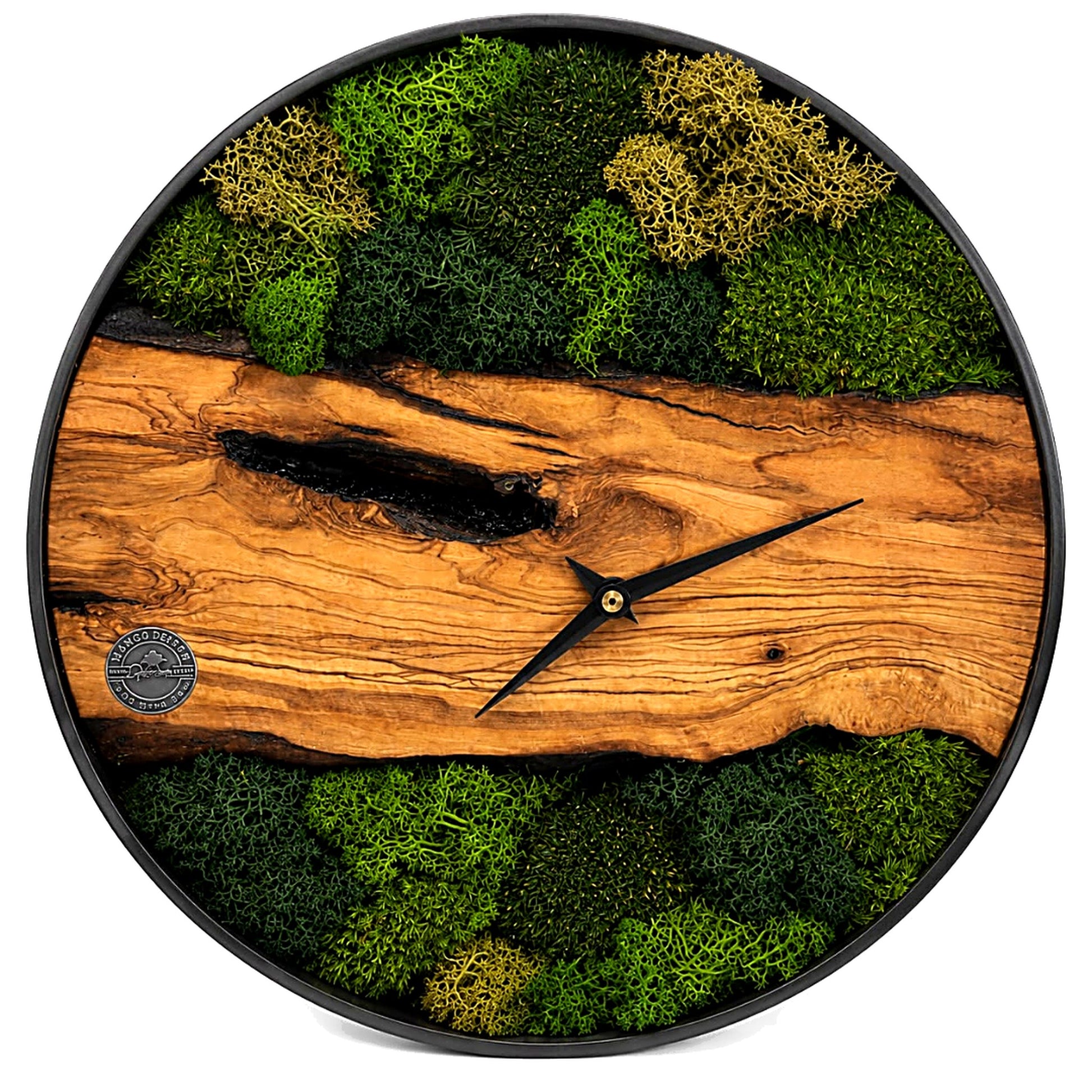 Wanduhr Olivenholz mit Moos, umrandet von 30 mm Stahlring